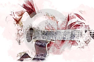 Abstract playing acoustic guitar watercolor painting background.