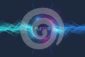 Abstract plexus background with dynamic particles wave flow. Plexus stream background. 3D data visualization with