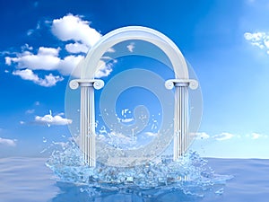 An abstract podium with an antique arch and the splash of water. A pedestal in the sea. A natural platform in nature. 3D Render