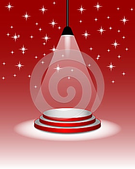 Abstract podium with lighting on a red background. Podium stage for an award ceremony or performance by an artist. Vector illustra