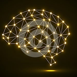 Abstract polygonal brain with glowing dots and lines