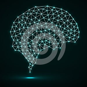 Abstract polygonal brain with glowing dots and lines