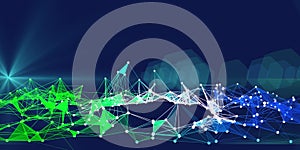 Abstract  polygonal color grid with  blurred lines and spot on blue. Artificial intelligence.  Business,technology and science photo