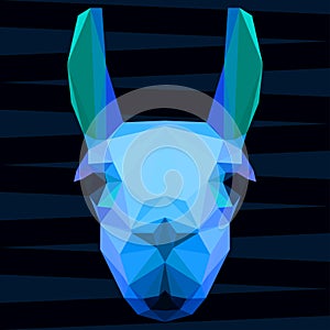 Abstract polygonal geometric bright glaring blue colored llama portrait for use in design