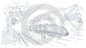 Abstract polygonal hand drawing of modern train