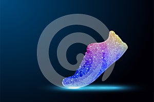 Abstract polygonal light of close up  shoes.Trendy abstract wireframe with blue shoe on black background.