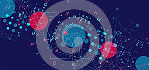 Abstract polygonal vector background with connecting dots, letters and lines.