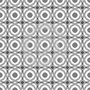 Abstract polyhedron seamless pattern. Transparency grey geometry circle elements on white background