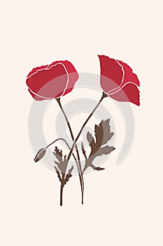 Abstract poppy flower drawn in a minimalist style. Flat geometric shapes in trending design