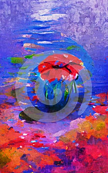 Abstract poppy flowerand water drop paintings in acryl style