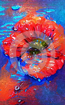 Abstract poppy flowerand water drop paintings in acryl style