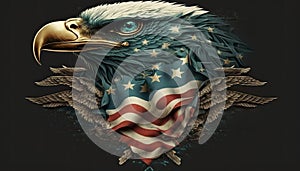 Abstract portrait of an American eagle with USA flag. Stars and stripes with bald eagle. Strength, patriotism, emblem, symbol.