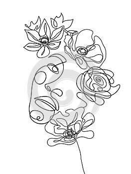 Abstract portrait with beautiful African woman s face and flowers in line art style vector. Woman face in one line art