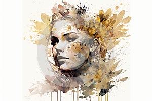 Abstract portrait of a beautiful fictional girl. Watercolor flowers, double exposure. Creative beautiful girl, white background.