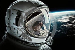Abstract portrait of cosmonaut in space. Planet earth in reflection in helmet. Generative AI