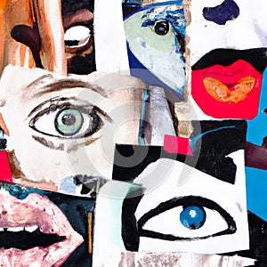 Abstract portrait faces collage, pop art fashion design