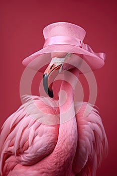 Abstract portrait of a flamingo in pink suit, with pink hat. Fashion, summer, fun concept. Ai generative. illustration