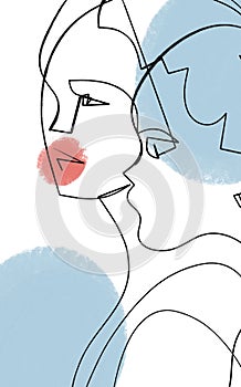 Abstract portrait of mother and daughter drawn by hand with black line and colorful blue and muted red spots on the background.