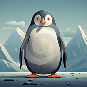 Realistic Cartoon Penguin Standing Near Mountain Range photo