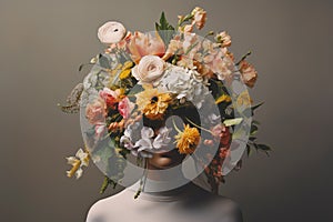 Abstract portrait of a woman with bouquet of flowers on her head. Spring, vintage, flowers illustration. AI generative