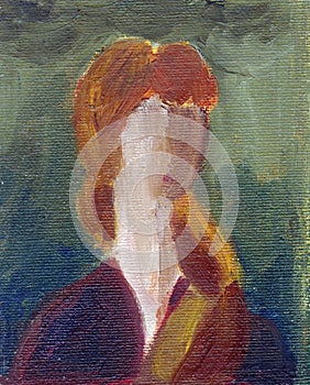 abstract portrait of a woman with long red hair on a green background, oil painting