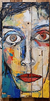 Abstract Portrait On Wood: Intense Emotional Expression In The Style Of Dusan Djukaric