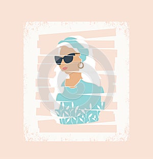 Abstract portrait of a young woman with glasses.Vector illustration colorful aesthetic background,minimalistic poster