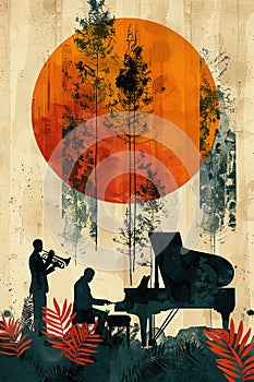 Abstract poster art for an open air jazz performance with piano and trumpet.