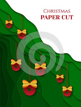 Abstract poster, background in paper cut style. Green and red stripes. Hanging Christmas balls. Place for text