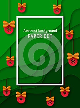 Abstract poster, background in paper cut style. Green and red stripes. Hanging Christmas balls. Place for text