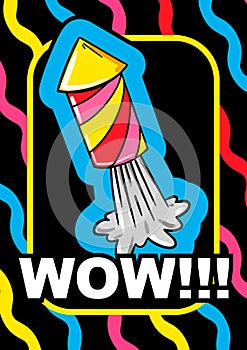 Abstract poster with cute comic rocket. Cartoon design. Hand drawn vector illustration