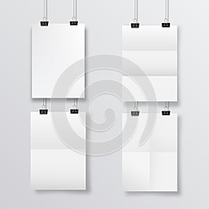 Abstract poster design with hanging folded papers. Hanging A4 paper poster mockup.