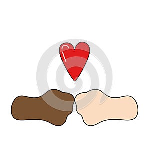 Abstract poster with and fists hearts. Welcome sign on cams with a heart. A dark and light hand is a symbol of friendship. Vector.