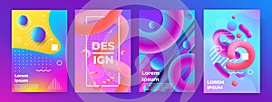 Abstract poster. Memphis geometric banners with minimal gradient shapes and liquid elements. Vector modern music flyer