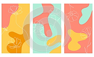 Abstract posters set. Line art flowers and irregular liquid spots simple minimalistic design. For any purpose. Wall decoration,