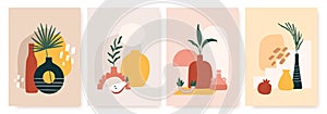 Abstract posters with vases. Trendy still life collage with pot, fruit, vase and tropical palm leaf. Hand drawn minimalist shape