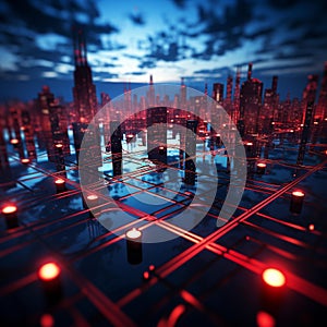 Abstract Power Grid: Interconnected Geometric Shapes and Neon Glowing Lines photo