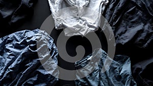 Abstract presentation of different types of clothes on dark background