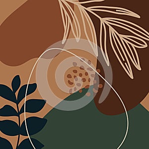 Abstract print plants and palm leaf line and geometric shapes in a minimal trendy art in broun colors. Vector background