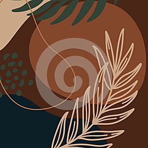 Abstract print plants and palm leaf line and geometric shapes in a minimal trendy art in broun colors. Vector background
