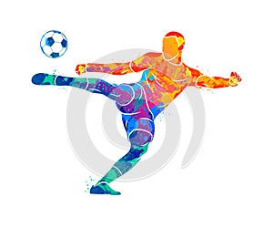 Abstract professional soccer player quick shooting a ball from splash of watercolors