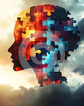 Abstract profile of human head with puzzle pieces representing core values, emotional intelligence, and consistent behavior, soft