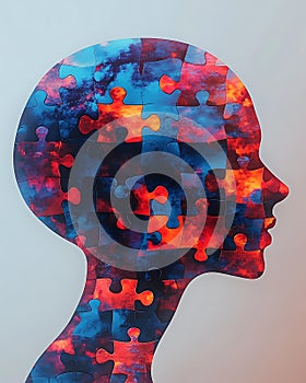 Abstract profile of human head with puzzle pieces representing core values, emotional intelligence, and consistent behavior, soft