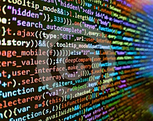 Abstract program code on computer screen. Database bits access stream visualisation. Web abstract programming and created virus on