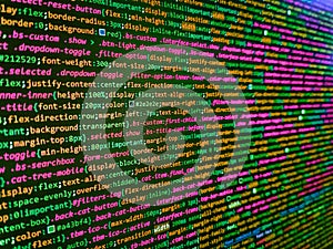 Abstract program code on computer screen. Programing workflow abstract algorithm concept. WWW software development. Modern web