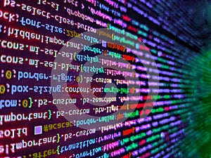 Abstract program code on computer screen. Programming code abstract screen of software developer. Data encryption security code on