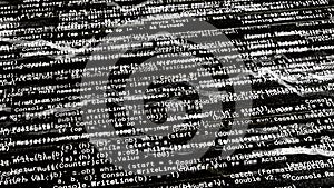 Abstract program code is written on the screen, seamless loop. Animation. Machine Language running on the data screen