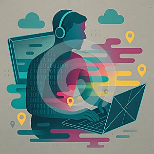 Abstract Programmer Working on Laptop with Binary Code and Location Pins