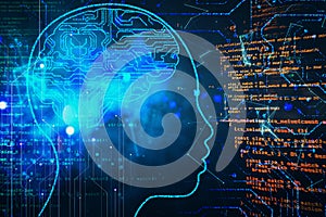 Abstract programming backdrop with head and digital brain hologram