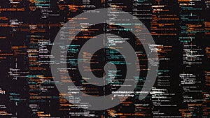 Abstract programming code on digital screen. Animation. Code language in a form of written lines written on black